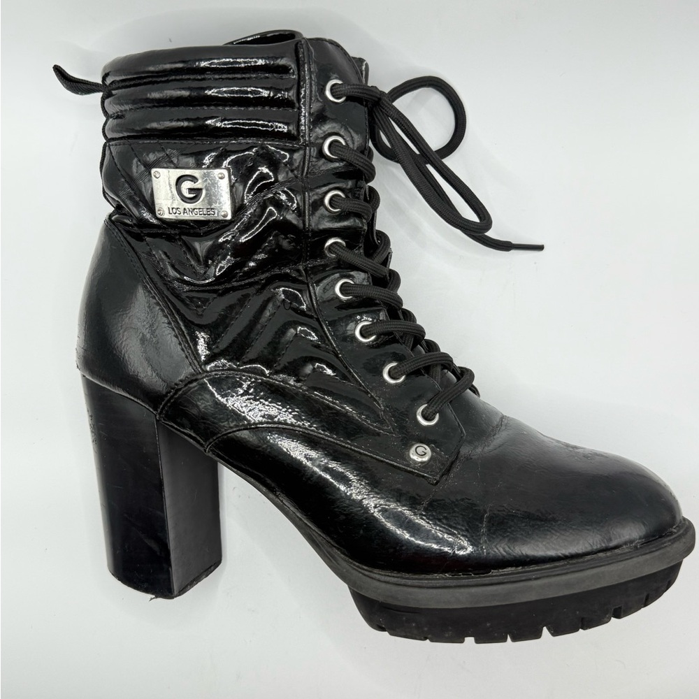 GUESS Black Ankle Boots Women’s Size 8.5 High Heel Zip & Lace-Up Combat Style